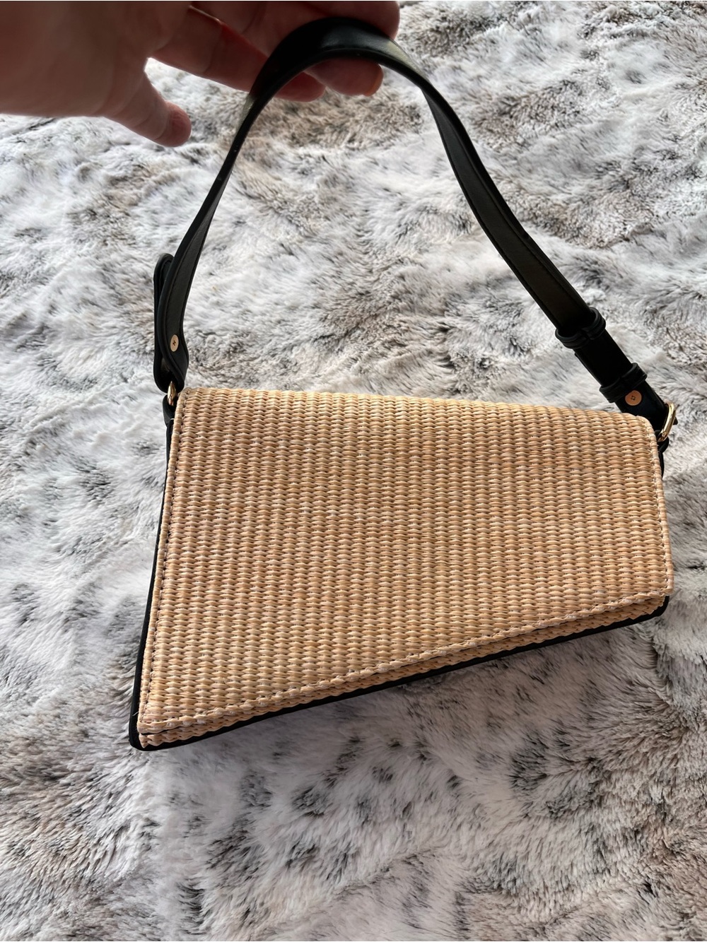 Woven Straw Shoulder Bag with Black Faux Leather Strap